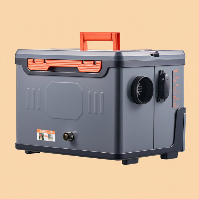 Gray portable diesel heater with orange handle
