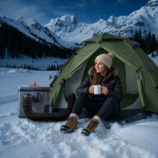 Person sitting in a green tent in a snowy mountain landscape with a portable heater and cup.