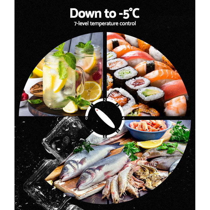 Dial with images of food including sushi and fish, with text 'Down to -5°C' and '7-level temperature control'.