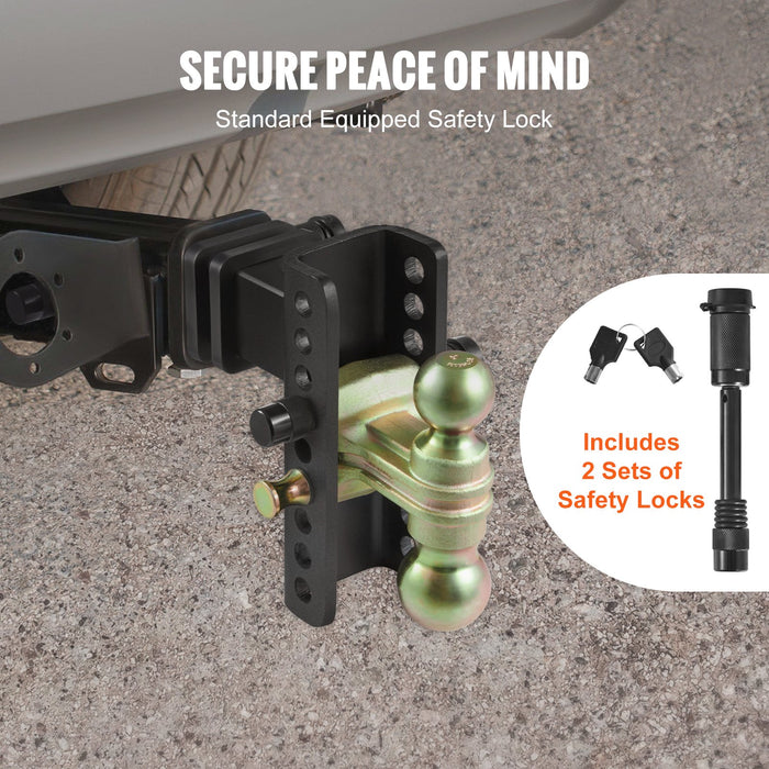 Towing hitch safety lock with text 'Secure Peace of Mind' and 'Standard Equipped Safety Lock'.