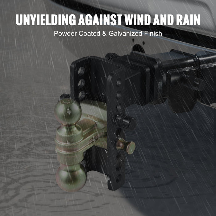 Trailer hitch with 'Unyielding Against Wind and Rain' text on a rain-streaked background