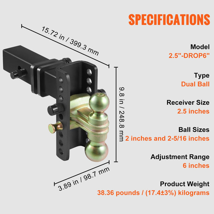 Tow hitch with dual ball specifications on a gray background