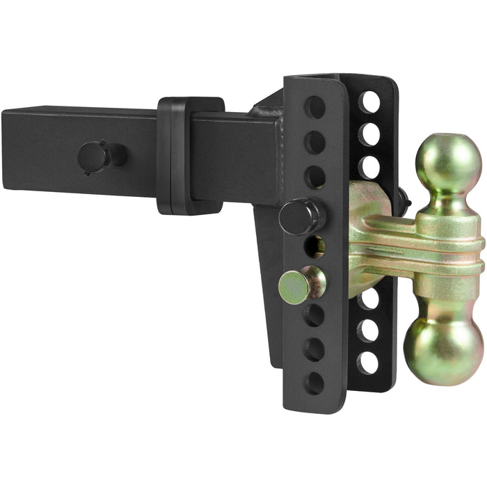 Black hitch receiver with a green ball on a white background