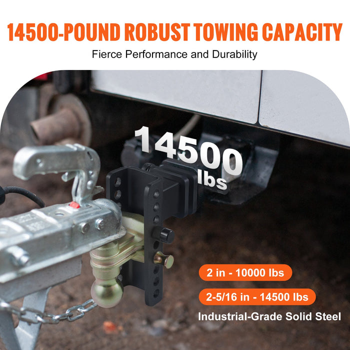 Towing hitch with 14500-pound capacity label on a blurred background