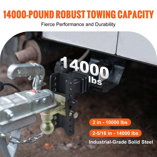 Towing hitch with 14000-pound capacity label on a vehicle.