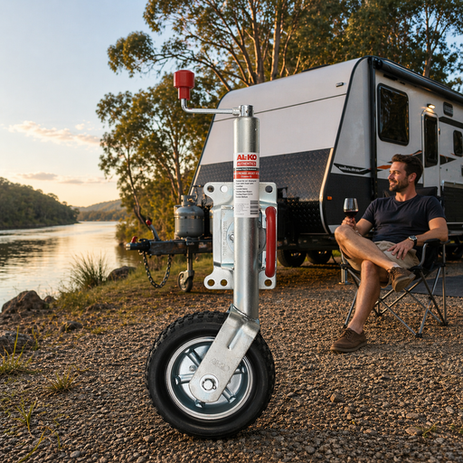 Jockey Wheel in foreground with man sitting by a camper trailer by a lake