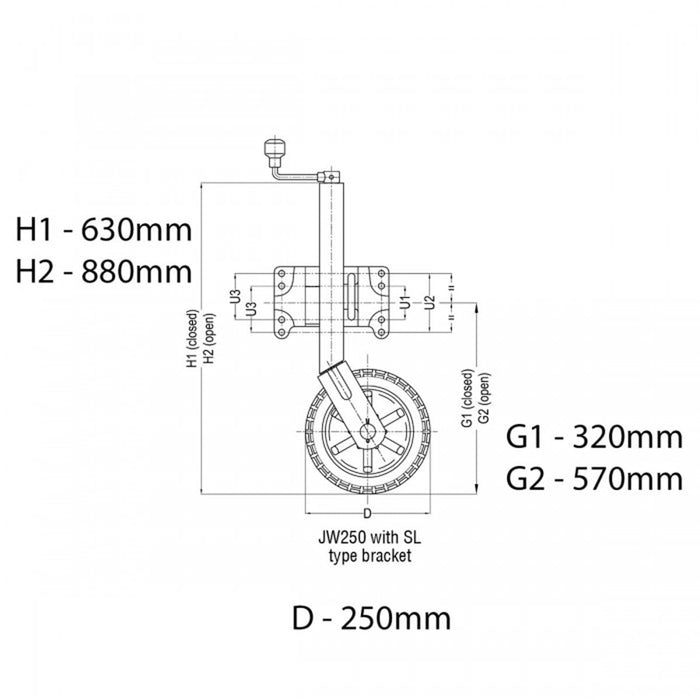 Technical drawing of a Jockey Wheel with dimensions labeled