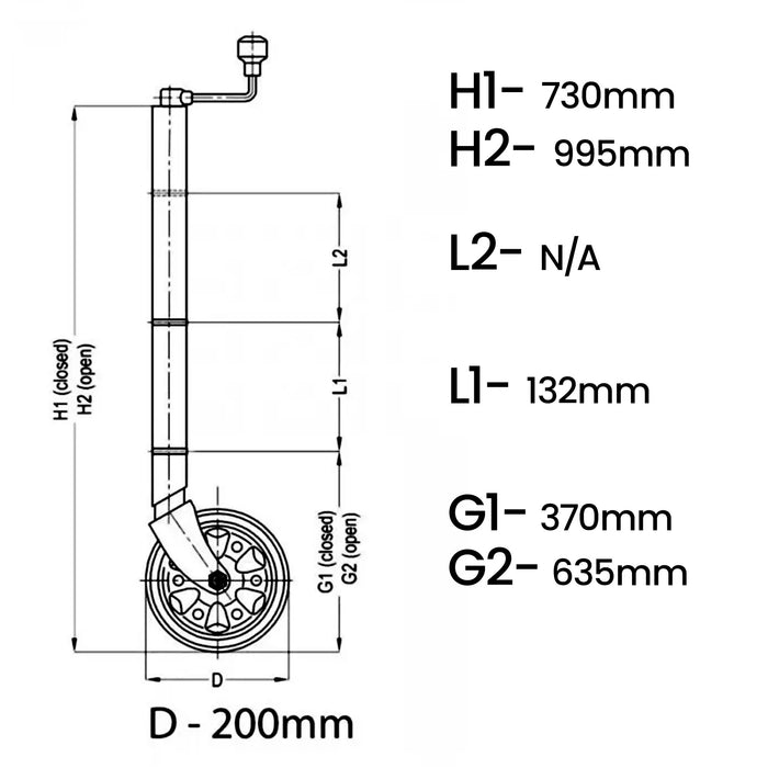 Technical drawing of a Jockey Wheel with dimensions labeled