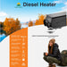 Advertisement for a diesel heater with a person sitting by a lake and trees with autumn foliage.