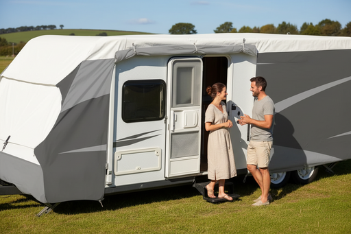 Camper trailer with a cover on a white background