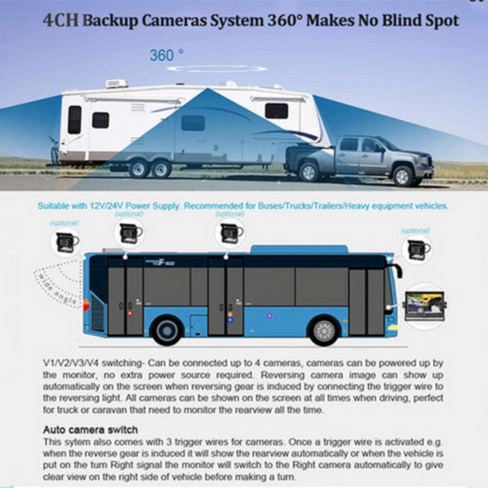 Reversing Camera  7" Screen Monitor 4 x Cameras  for your Caravan or RV