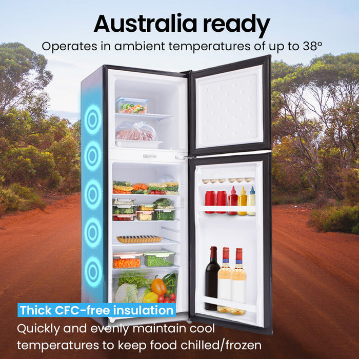 Portable refrigerator with open doors showing food items in a natural setting, with text about temperature range and insulation.