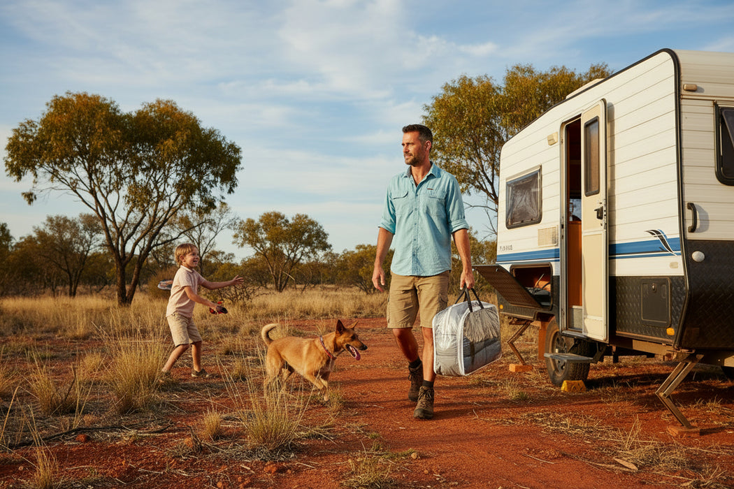 Caravan cover in a carry bag