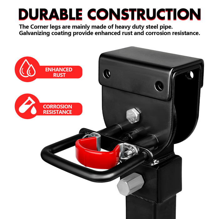 Black metal corner bracket with red accents on a white background, highlighting durable construction features.