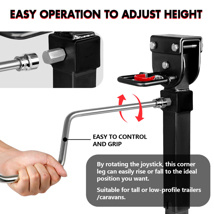Adjustable corner leg system with joystick control for trailers or caravans, showing easy operation and control.