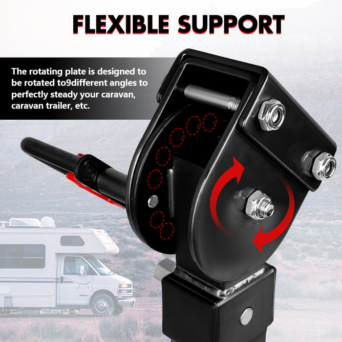 Black flexible support system with rotating plate for caravan stability, featuring text on a blurred background.