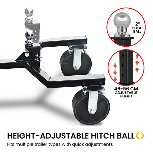 Height-adjustable hitch ball system with detailed features on a white background