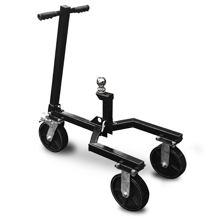 Black metal dolly with wheels on a white background