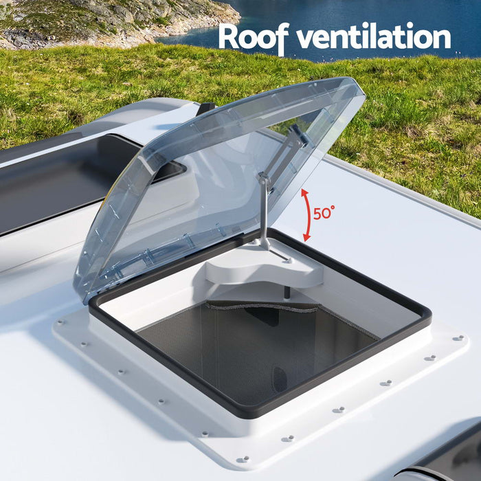 Roof ventilation system with open cover on a caravan