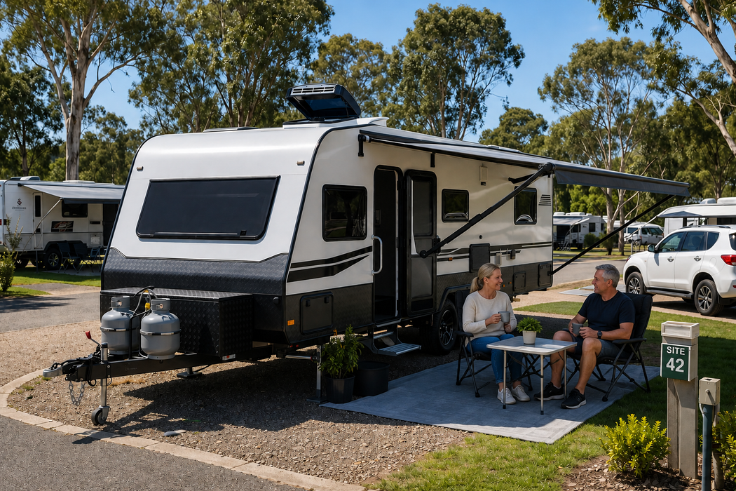 Roof vent on a caravan with two people sitting at a small table 