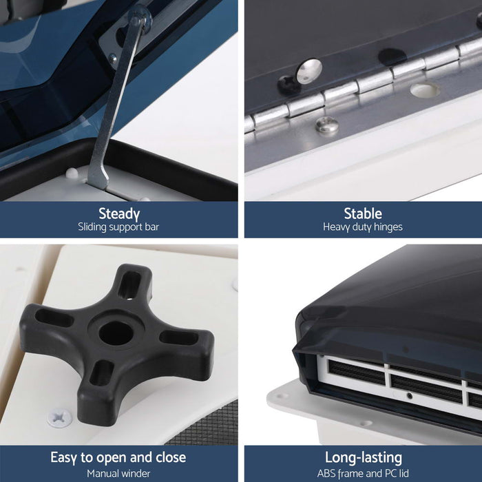 Collage of caravan roof vent components with text labels on stability, support, opening, and durability.