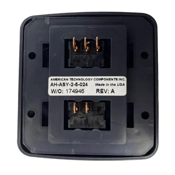 Black electronic component with branding and model number on a white background
