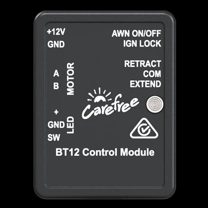 Carefree BT12 control module with labeled terminals on a black background