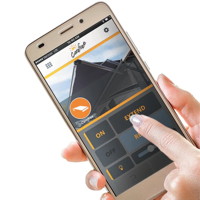 Smartphone displaying a Carefree Altitude app with a hand interacting with the screen.