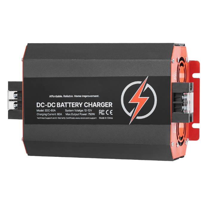 DC-DC battery charger with branding on a white background