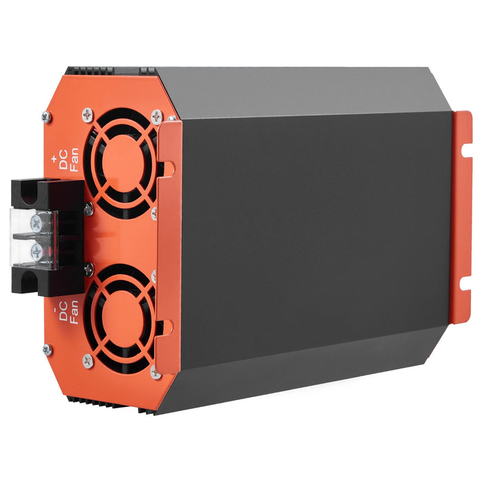 Black and orange electronic device with fans on a white background