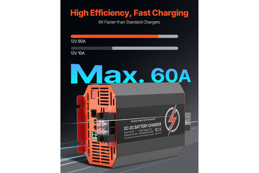 DC-DC battery charger with high efficiency and fast charging features on a dark background