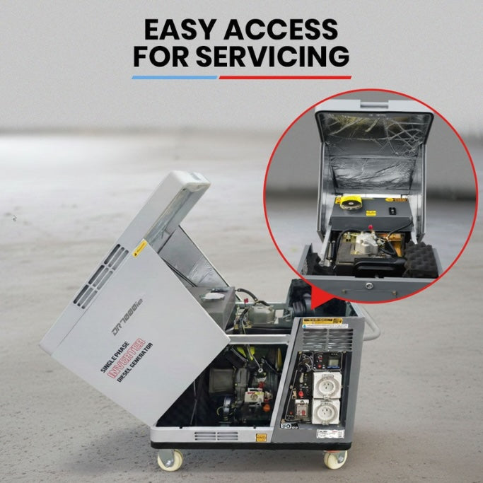 Generator with open cover showing internal components, labeled 'Easy Access for Servicing'.