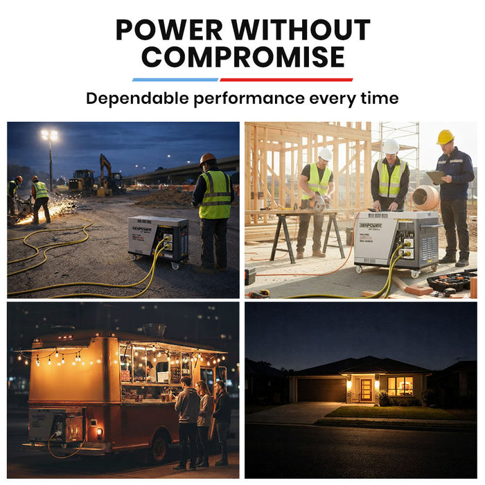 Collage of scenes showing power generators in use at various locations with text 'Power Without Compromise'.