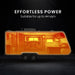 Trailer with glowing interior on a dark background, labeled 'Effortless Power' and 'Suitable for up to 44 sqm'.