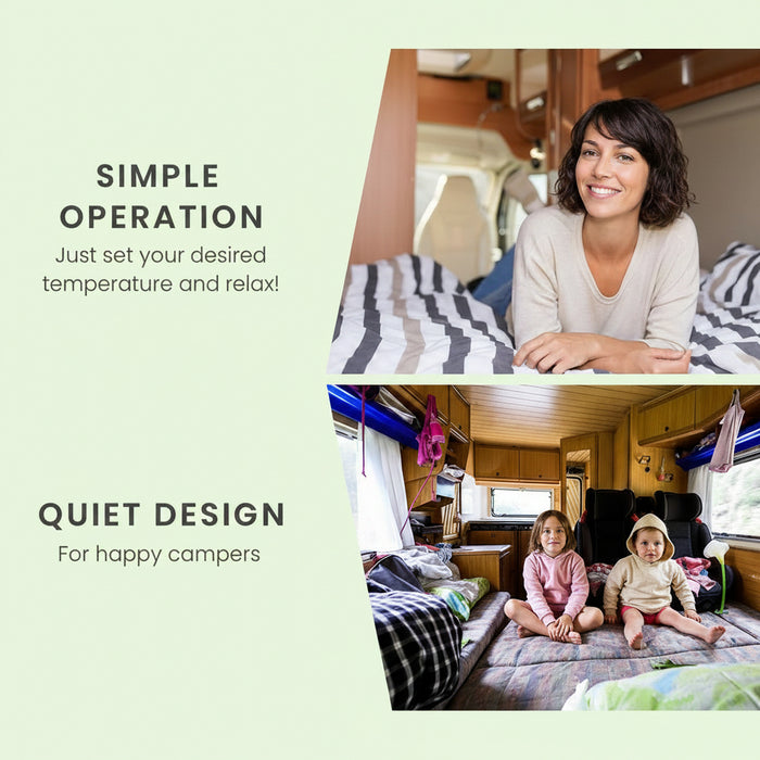 Woman inside a camper with text about temperature control and quiet design.