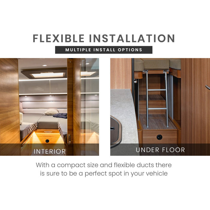Advertisement for flexible installation options with interior and under-floor views.
