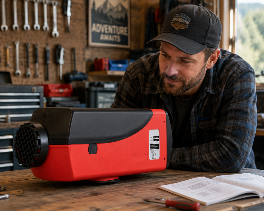 Man examining a red and black caravan diesel air heater in a workshop setting.