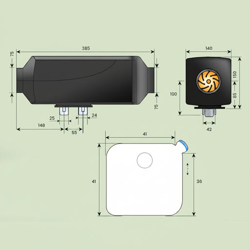 Technical drawing of a diesel air heater with dimensions
