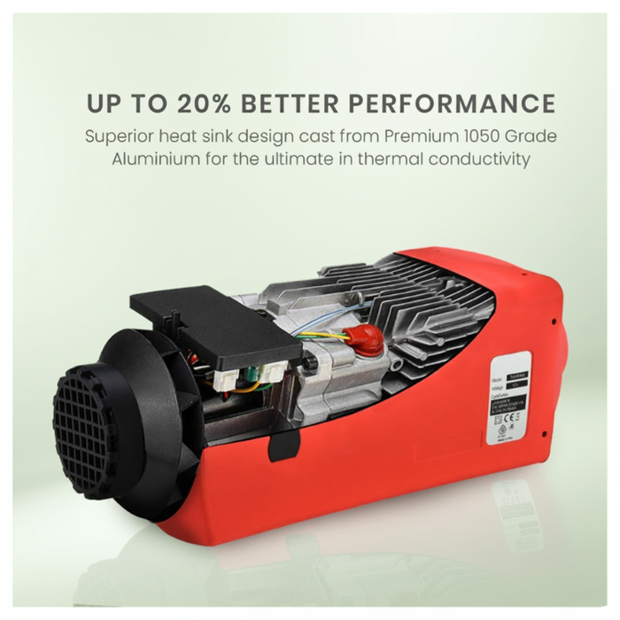 Red and black diesel air heater with text about superior heat sink design and thermal conductivity.