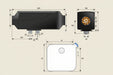 Technical drawings of a caravan diesel heater, a square component with a logo, and a white container with dimensions.