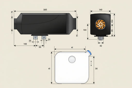 Technical drawings of a caravan diesel heater, a square component with a logo, and a white container with dimensions.
