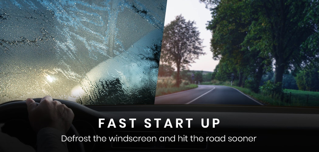 Windscreen defrosting process with a road ahead