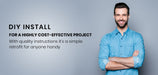 Man in a blue shirt standing against a gray background with text about DIY installation.