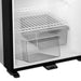 Close-up of a refrigerator interior with shelves and a clear bin.