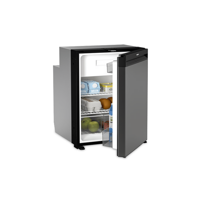 Small refrigerator for RV vehicles, with open door