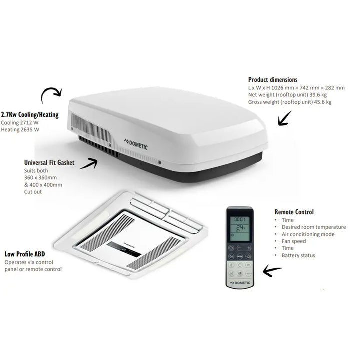 Dometic roof air conditioner with remote control on a white background