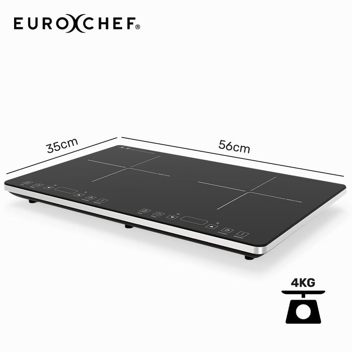 EuroChef induction cooktop with dimensions and weight displayed on a white background