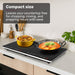Compact electric cooktop with two pots of food on a kitchen counter, text overlay about compact size.