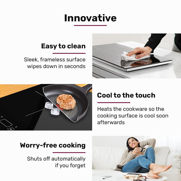 Innovative cooktop features with text and images of a pan, cleaning process, and a person using the cooktop.