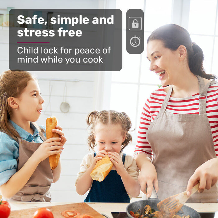 Woman and two children in a kitchen with text about a child lock feature.